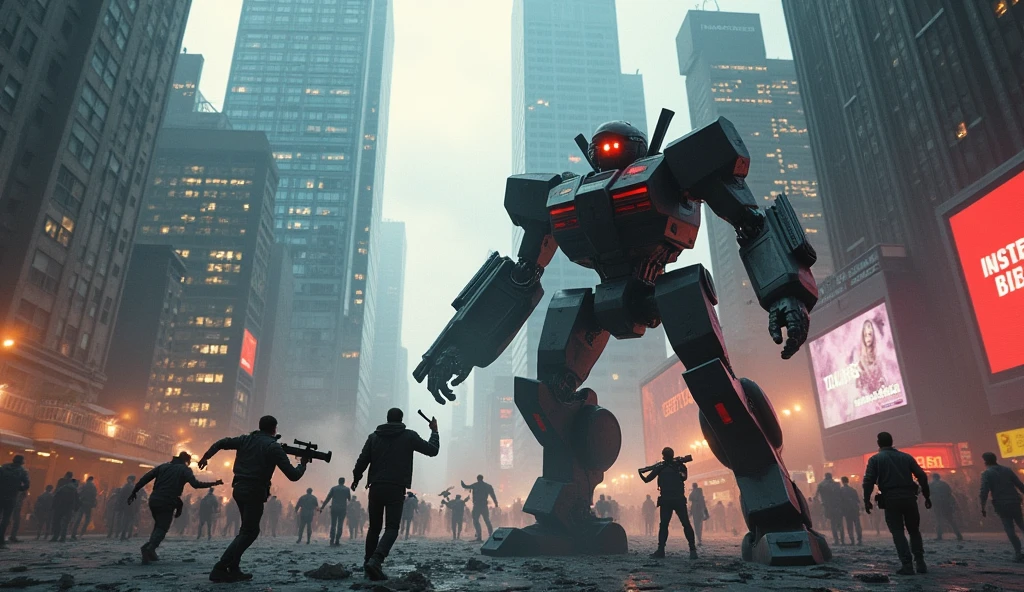 a cityscape under siege by robotic forces, highlighting the contrast between human and machine.