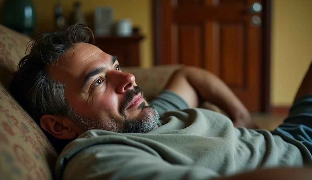 High-definition, cinematic close up frontal face of a Carlos, a man in his 30s, with an ordinary and relaxed appearance, He wears a faded T-shirt and comfortable shorts, he is sprawled on the couch, In the background, the front door of his house is closed