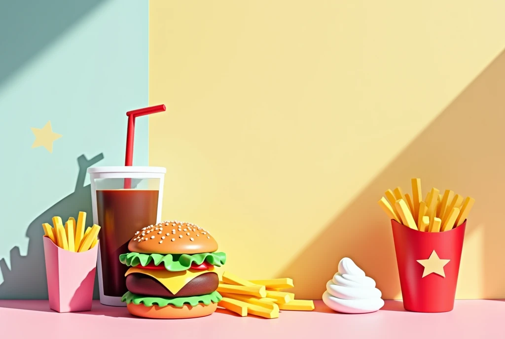 modern style，Flat设计，a fast food shop，Hamburger，fries，Cola，Ice cream，Fried chicken，Minimalist style，Non-realistic style，Flat