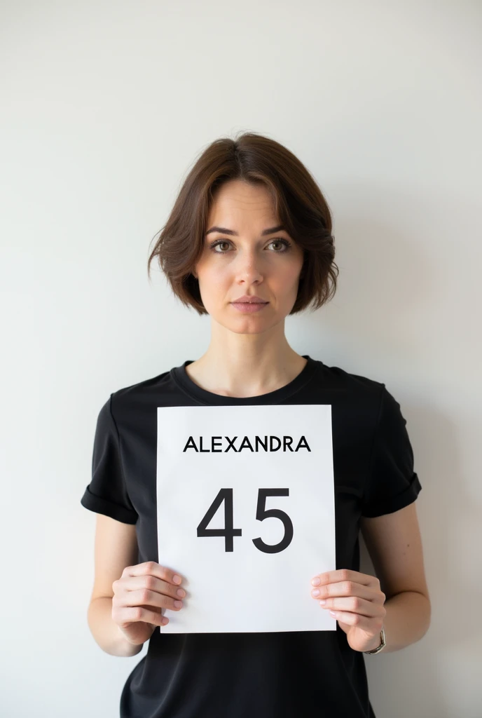 Une femme brune cheveux court doit être debout
contre un mur blanc, regarder droit devant elle et tenir un papier ou il y a écrit: ALEXANDRA 45