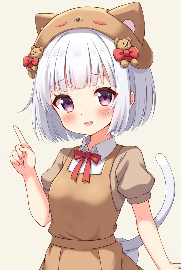 You can generate an anime character with the characteristic of short white hair with bows in the hair and a brown kitty hat. , with a happy expression but.tender and her brown maid outfit, It has some teddy bear decorations .