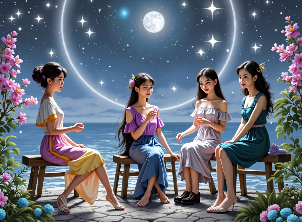 anime girl, anime woman, boa Hancock, masterpiece, 8k quality, best quality, sitting with her legs crossed. anime woman, big , She has long messy hair, hime haircut, she has feminine features and woman body, attractive body, dark black hair attractive face, beautiful eyelashes straight black hair that flows down her back, deep sea-blue eyes with a confident expression, blue eyes, she has hime haircut, She is wearing a purple strapless dress with a deep neckline that reveals part of her chest. she has big , a small loin cloth around her hips, part of the stomach is visible, The dress has a high slit on the left side, her upper clothing is top with open chest and hanging on shoulders, showing her legs from thigh to knee, naked shoulders, naked stomach, She is also adorned with large golden hoop earrings, legs and feet are visible, crossed legs, For the background, depict a tropical One Piece setting with a richly patterned carpet in vibrant colors, surrounded by wooden or wicker furniture with a nautical style. Add a few potted plants, seashells, and maps to enhance the adventurous, yet sophisticated atmosphere, boa Hancock from one piece,