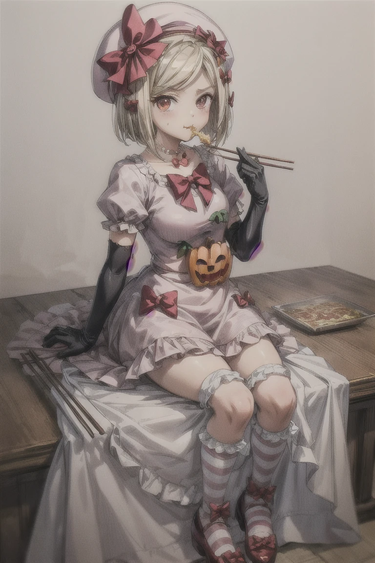 (masterpiece),(best quality), lambdadelta, dress, shoes bow, red shoes, striped stockings, red bow, pink hat, pumpkin brooch, necklace, gloves, pearl,, looking at the viewer, ramen, Holding chopsticks,eating , chopsticks,