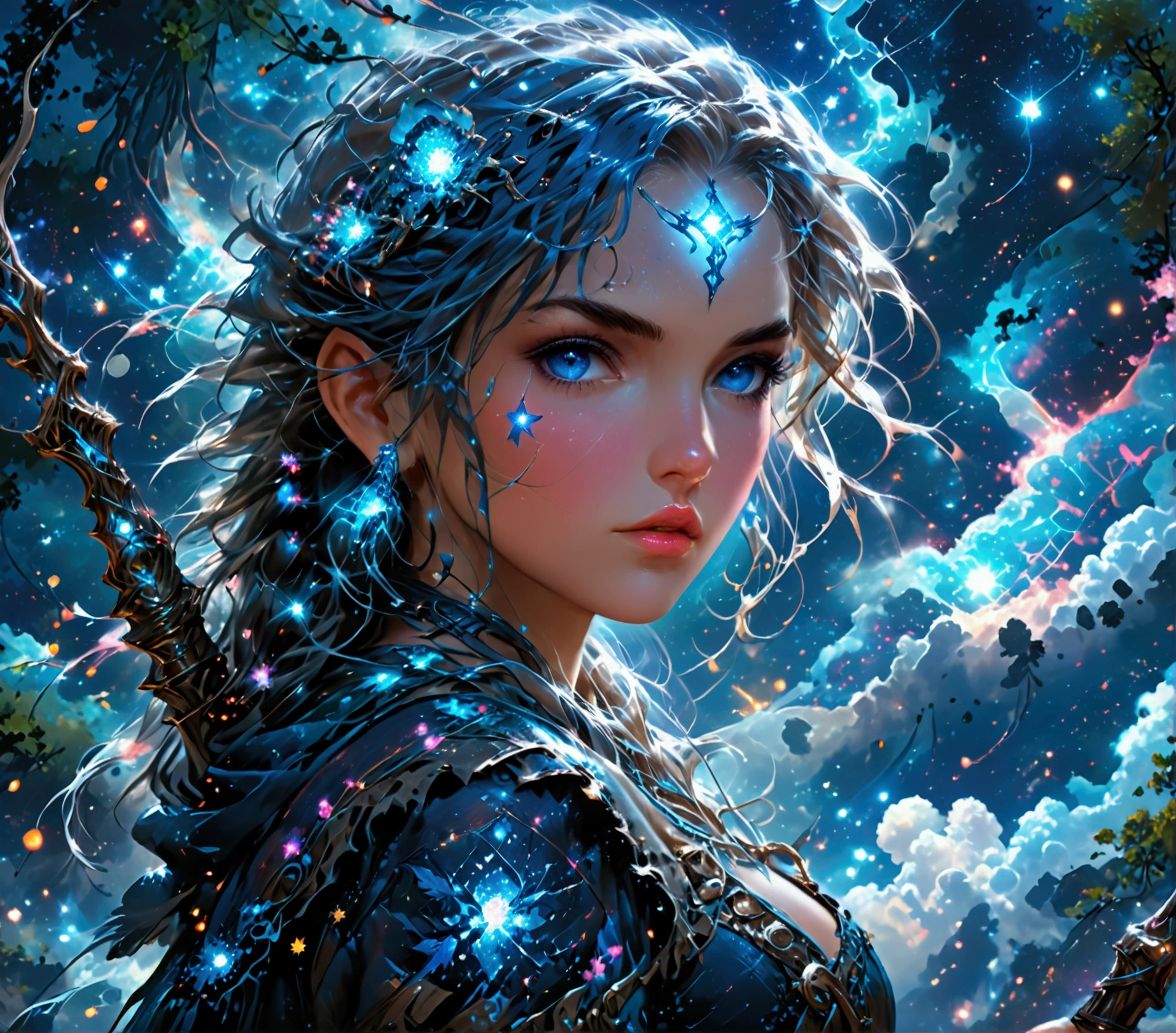 comic art , dnd art, rpg art, realistic art, female human druid of the stars, guardian of nature, controlling magical energy made of stars, swirling blue stary magical light, divine symbols, (under the sky filled with stars: 1.4, human female, busty, extremally beautiful, ultra feminine, dynamic hair, dynamic hair color, wearing leather armor, holding a staff, moon light, stars,  dynamic natural background,  RPG art, magical atmosphere magic-fantasy-sky full with colorful stars, high details, best quality, 16k, [ultra detailed], masterpiece, best quality, (extremely detailed), dynamic angle, ultra wide shot, photorealistic, ((fantasy art)) ultra best realistic, best details, best quality, 16k, [ultra detailed], masterpiece, best quality, (extremely detailed), ultra wide shot, photorealism, depth of field, hyper realistic painting, rpg portrait, mad-nbla