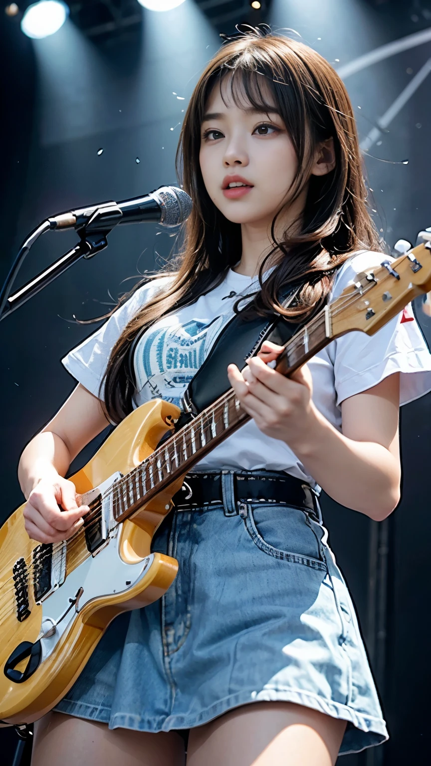 (Beautiful girl playing electric guitar on stage at school festival)、Daytime outdoor live performance、audience、Huge success、(Tabletop)、(Highest quality、8k、Impressive:1.2、RAW Photos)、(Real:1.2)、Japanese、(Beautiful girl:1.2、Baby Face:1.5、Idol&#39;s face:1.3)、(Stand with your feet apart:1.2、I can see your underwear:1.5)、(Thin thighs、Knee-high)、((Cute tank top and mini skirt:1.2))、(Beautiful breasts:1.2、The Enchanted Valley:1.3)、Short Pigtails、((Detailed eyes and face:1.2、Professional photography techniques))、(Fine hand)