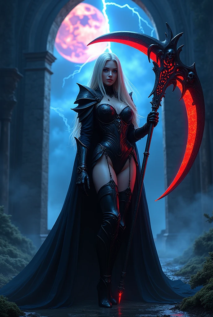 In this masterpiece, a stunning (Clara Morgane in sexy reaper cosplay:1.3), stands at the center of the frame, radiating an aura of mystique and beauty. The ultra-detailed 4K image presents her in front of a (black mana vortex:1.3) framed by the (huge gates of the realm of the dead:1.3), in the center of a necropolis surrounded by a dark jungle. The pitch-black night is lit by a few blue lightning bolts and a blood-red moon. The volumetric lighting casts a warm glow on her porcelain skin, accentuating the intricate details of her (sexy Armor of death). Her straight blonde hair is gorgeous, framing her charming smile and captivating cleavage. The mesmerizing atmosphere is punctuated by (blue thunderstorms and lightning) in the surreal dark sky, as if the heavens themselves are summoning her presence. The composition masterfully balances depth and complexity, drawing the viewer's eye to the perfect body, with its impeccable anatomy and tantalizing pose. (Charming smile), (Beautiful Big tits:1.3), (Finely crafted black tiara), She holds a huge scythe covered in blood red runes in her hand. (Photorealistic), (Dark theme). (Beautiful naked navel:1.5). Her high-quality sexy armor, composed of a (black bikini) and (pieces decorated with skulls), (black high heels). (blue eyes), (blond hair), (black cape with hood). (ultra detailed). (very high quality wallpaper), (4k), (sharp image). (Low angle)