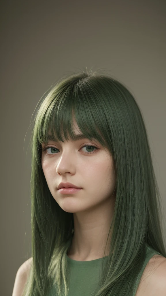 a girl. European. Extremely detailed face. Oval face. Delicate facial features. Half-closed eyes. Long straight hair. Messy hair. Bangs. Green hair. Green eyes. sulky. Shy. Straight face