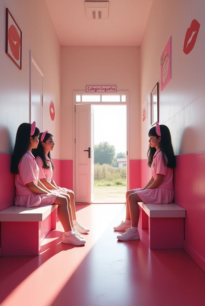 (photorealism:1.2)
In a pink and white classic school hallway, At the end of the hallway there's a pink big school open door that leads to the school inside yard, A sign that reads the words "Colegio Coquetas" is over that door, and many drawings of 💋 can be seen on the walls, there are four 16-year-old sexy schoolgirls, all girls European white light skin, straight hair, all with cute pink headbands on their heads, wearing sexy pink see-through fabric schoolgirls two pieces uniforms consisting of white shirts and pink . The girls are sitting on a pink bench at the opposite side of the door, and looking facing at the door that leads to the school inside yard.
View: Over the shoulder perspective photo,
high resolution, masterpiece, best quality, intricate details, highly detailed, Hiperrealistic