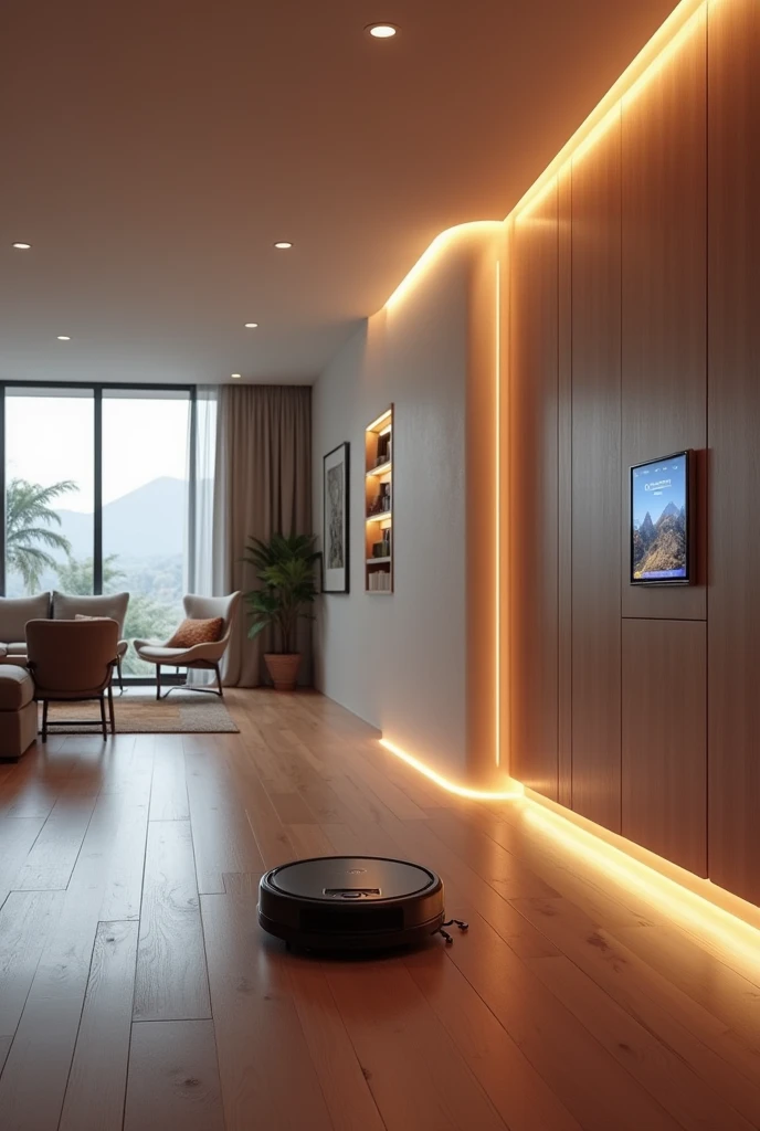 Show the future of Home automation attractively and intrestingly use touch panels on walls and cleaning robots smart lights and smart locks and smart touch switch boards on walls