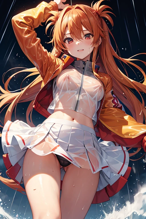 Shikinami Asuka Langley, Jacket, Cheerleader, No sleeve, Ultra mini skirt, see-through skirt, Wet and see-through costume, Ground, Wide legged,  Sweat, Panties, See-through nipples, rain