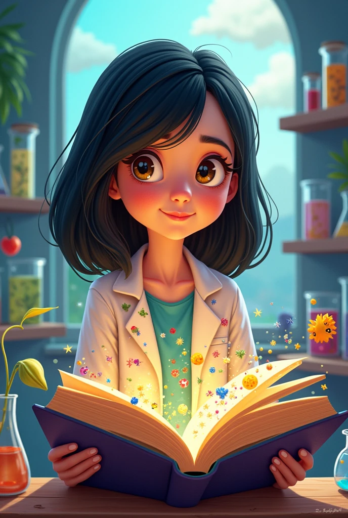 Create an illustration of a Disney Pixar style biology with medium-long hair, not too long, and straight black hair animated in a Disney style that is not realistic