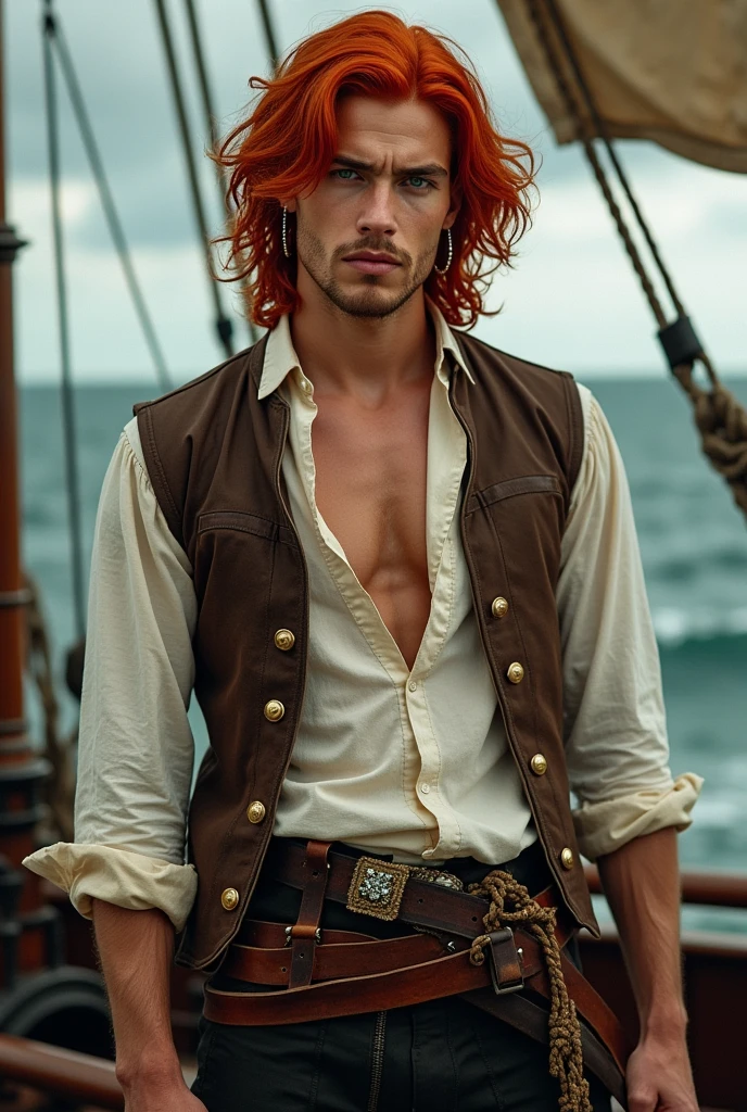 Create the image of an extremely handsome 18th century pirate, with vibrant, wavy red hair that falls freely over her shoulders. He is not wearing a hat, allowing your hair to be the highlight. He has a confident and seductive look, with striking facial features, like a strong jaw and piercing emerald eyes. Your outfit should reflect the pirate fashion of the time., with a partially unbuttoned white linen shirt, showing part of her chest, a brown leather vest and dark pants. Also include some pirate accessories, like a belt with a sheathed sword and hoop earrings in one ear. The background may suggest a pirate ship or the deck, with subtle nautical details.