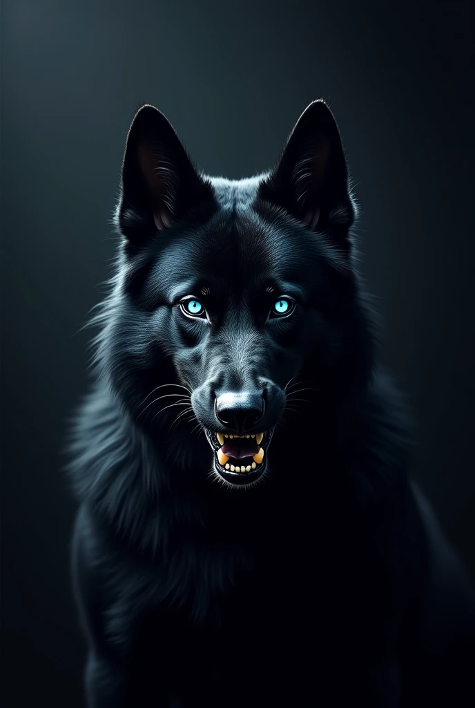 Angry black dog logo with phosphorescent blue eyes