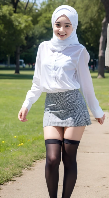 trileg, beautiful woman with three curvy legs, black crop with skirt, casual white sneakers, age 29, Irish, hijab, two headed