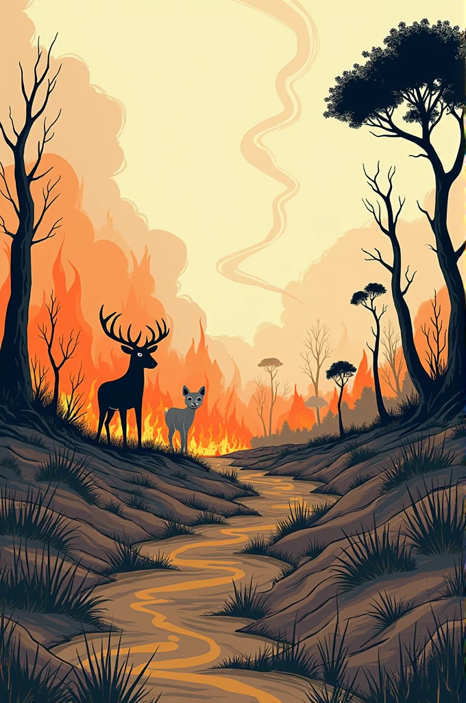An illustration that reflects the human cruelty of burning Chile&#39;s native forests, that the animals are distressed and the flora, Well, burned. I need the illustration to be clean and easy to draw.