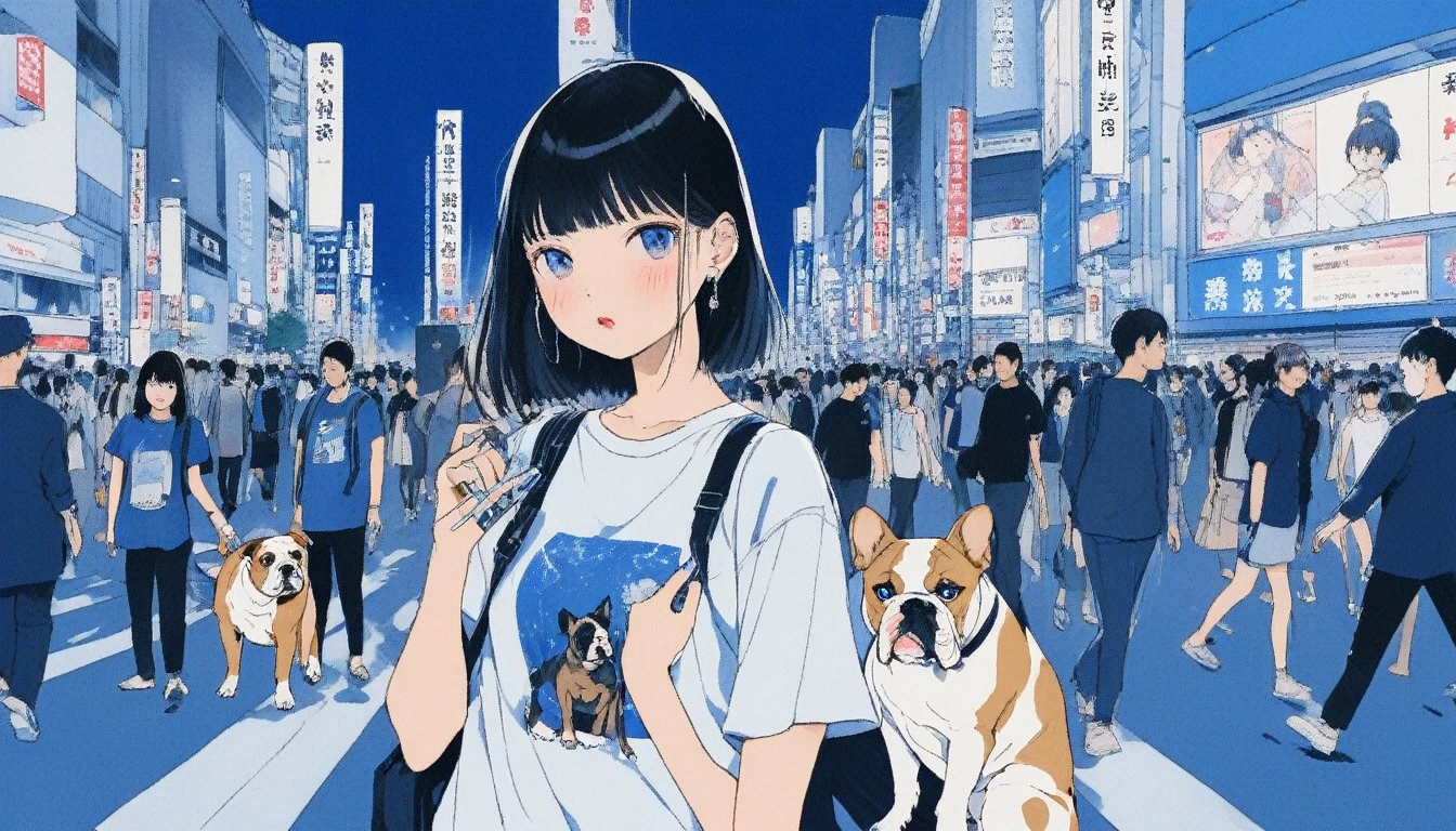 Illustrator, anime , Realistic ,sketch , Inside the intersection、Adult woman holding a bulldog, lip, nail、T-shirt,order,Textured Trim, (masterpiece,Highest quality) Blue background, neonヘア,Textured Trim, Canadian, (masterpiece,Highest quality) Cancer,night、neon、Dark Eyes、night、Capture the serene side of Shibuya Crossing at night, blending city ambiance with soothing melodies.