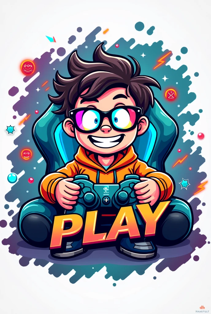 Logo with the name DH PLAY, themed around a nerd with glasses playing PlayStation 4 sitting in a gaming chair