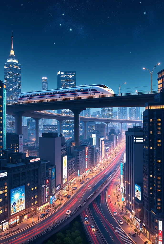 The area in front of the station has become urban, with junctions and interchanges、Night view of the big city of Kakuda, where a Shinkansen train runs on a highway with PA