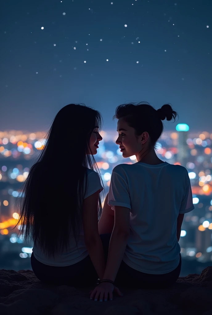 A couple of girls, a dark brunette latina, with straight black hair, and the other girl is white with black hair cut like a man with man features, hand holding, being in love, sitting watching the lights of a city at night from a mountain 