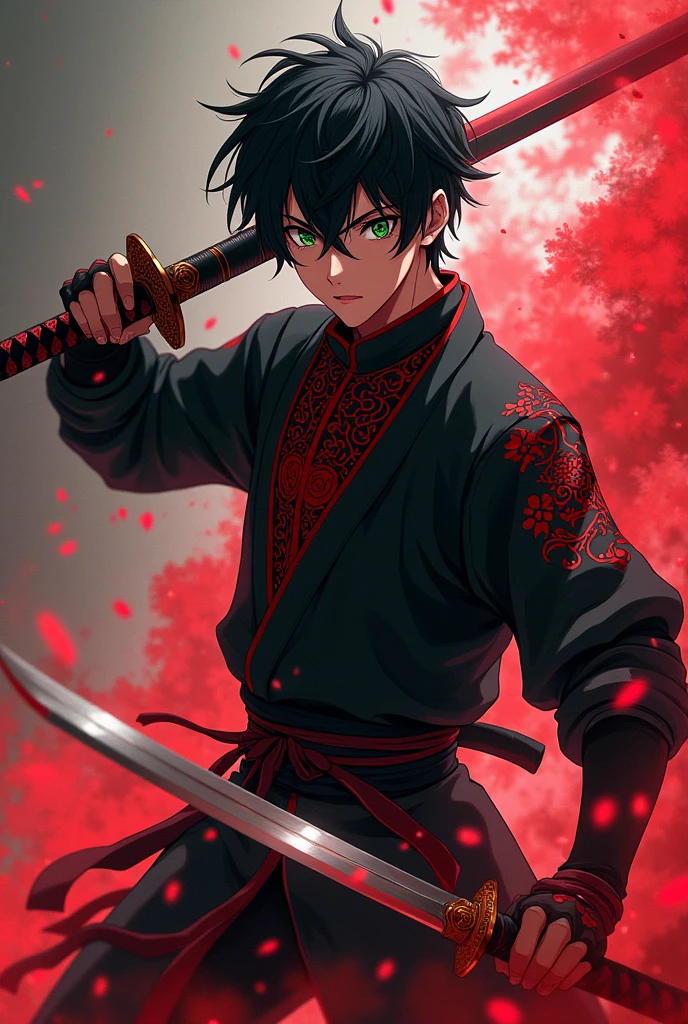 Create a male anime character with short hair and green eyes with black powers with a katana releasing red aura