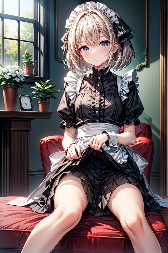 1 person, , alone, lift your legs, 长长的hair, skirt, tangerine_hair, maid_have, clock_Please step back, clock_Location_Looking at the audience, 前hairを通して, black_lift your legs, Blushed, black_skirt, He is himself, short_sleeve, Clothes_lift, wrist_Arm cuffs, Deco, skirt_lift, not a big deal_, lifted_past_Manifest yourself, The translucent liquid_Location后面, maid, fluffy_short_sleeve, Side Lock, fluffy_sleeve, crop_superior, dull_前hairを通して, , awaGo outh, not a big deal腿, black_have眼睛, chair, Kneel, Frills_skirt, _Go out, Location室内, window,