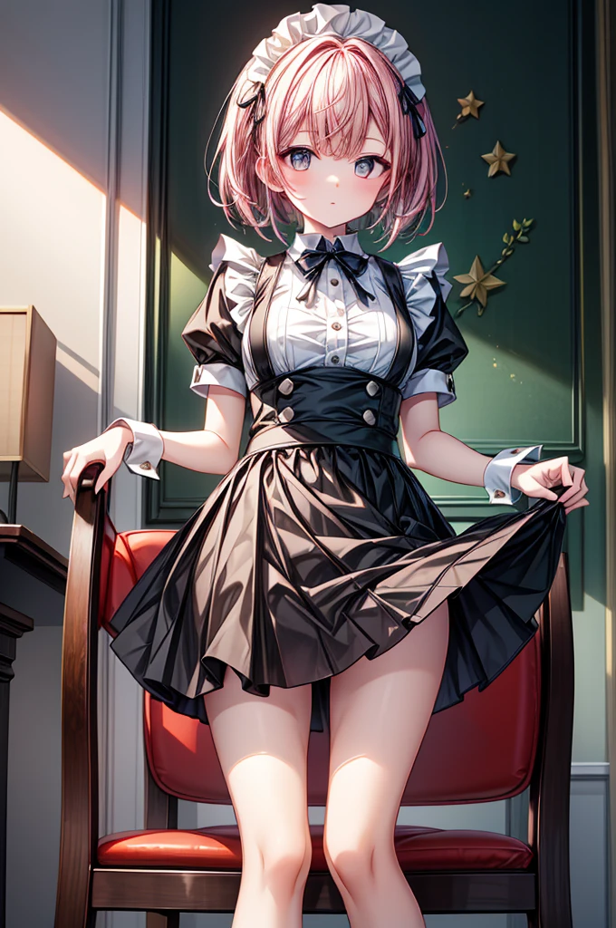 masterpiece, top-quality, Hi-Res, (((((Evil Fall))))), (((Leotard))), (((Hollow eyes))),ram1, 1girl in, 独奏, Standing picture,Ram(Re:Life in another world starting from scratch), A pink-haired, white thighhig, (((short-hair))), red eyes, Hair above one eye, Ribbon trim, Hair Ribbon, X Hair Ornament, frilld, Maid headdress, garter strap, a black ribbon, Colossal tits,(((neck tie))), ((((magical little girl)))), (((Evil Smile))), ahe face