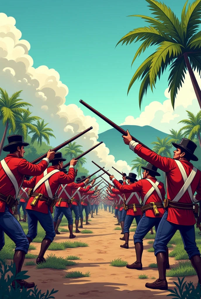 Spanish colonizers, soldiers having a war in Philippines for its independence background of war cartoon soldiers facing the photo