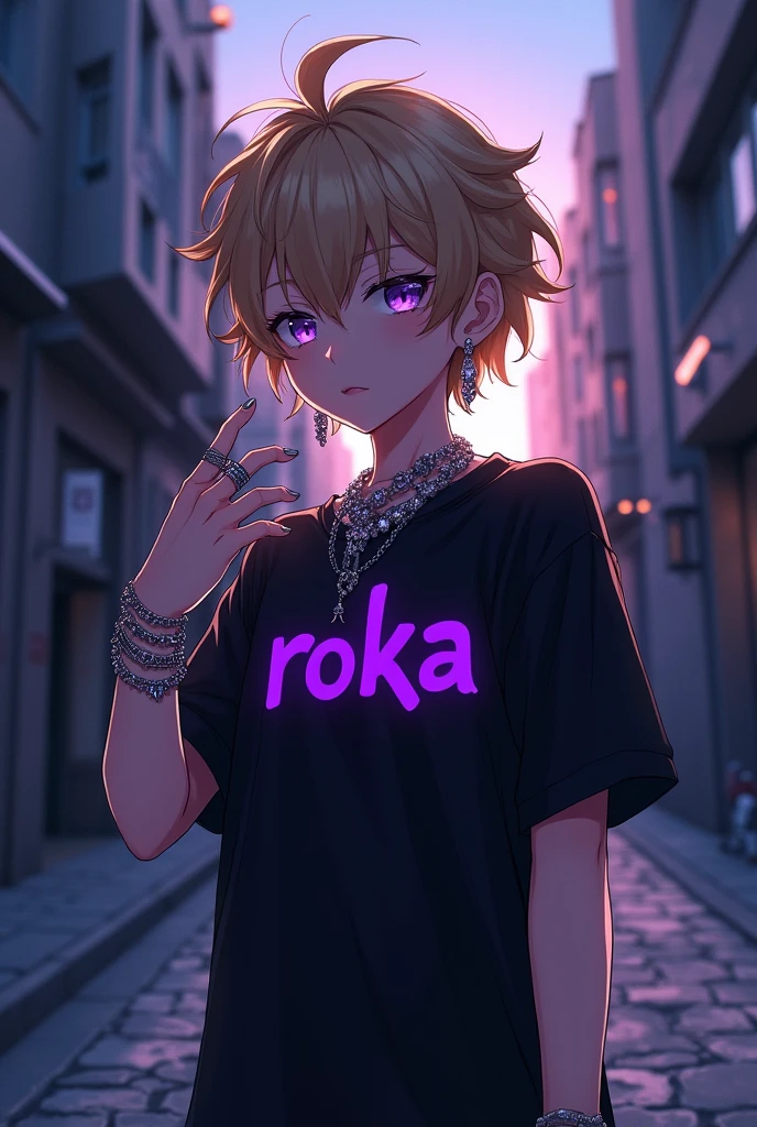 An anime boy with a untidy blond hair and a pale purple eyes standing in an empty street wearing a black shirt and earrings and rings and bracelets and necklace and words roka written in purple on his shirt