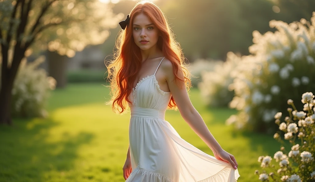 ultra realistic, photography, long red straight hair, 24 years old, hourglass figure, perfect fit body, natural medium breasts, (Best Quality,high resolution), a small black bow in her hair, vivid colors, wearing a short white thin summer dress, the dress is flowing in the wind, Sharp focus, beautiful detailed eyes, beautiful detailed lips, White skin, Lovely makeup, soft and flowing hair, delicate features, elegant pose, gentle smile, background with flowers, garden landscape, soft sunlight, full body picture, she is barefoot, painted toes