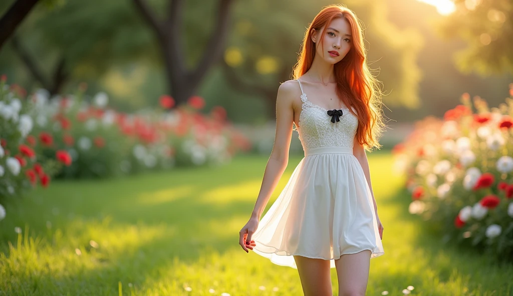 ultra realistic, photography, long red straight hair, 24 years old, hourglass figure, perfect fit body, natural medium breasts, (Best Quality,high resolution), a small black bow in her hair, vivid colors, wearing a short white thin summer dress, the dress is flowing in the wind, Sharp focus, beautiful detailed eyes, beautiful detailed lips, White skin, Lovely makeup, soft and flowing hair, delicate features, elegant pose, gentle smile, background with flowers, garden landscape, soft sunlight, full body picture, she is barefoot, painted toes