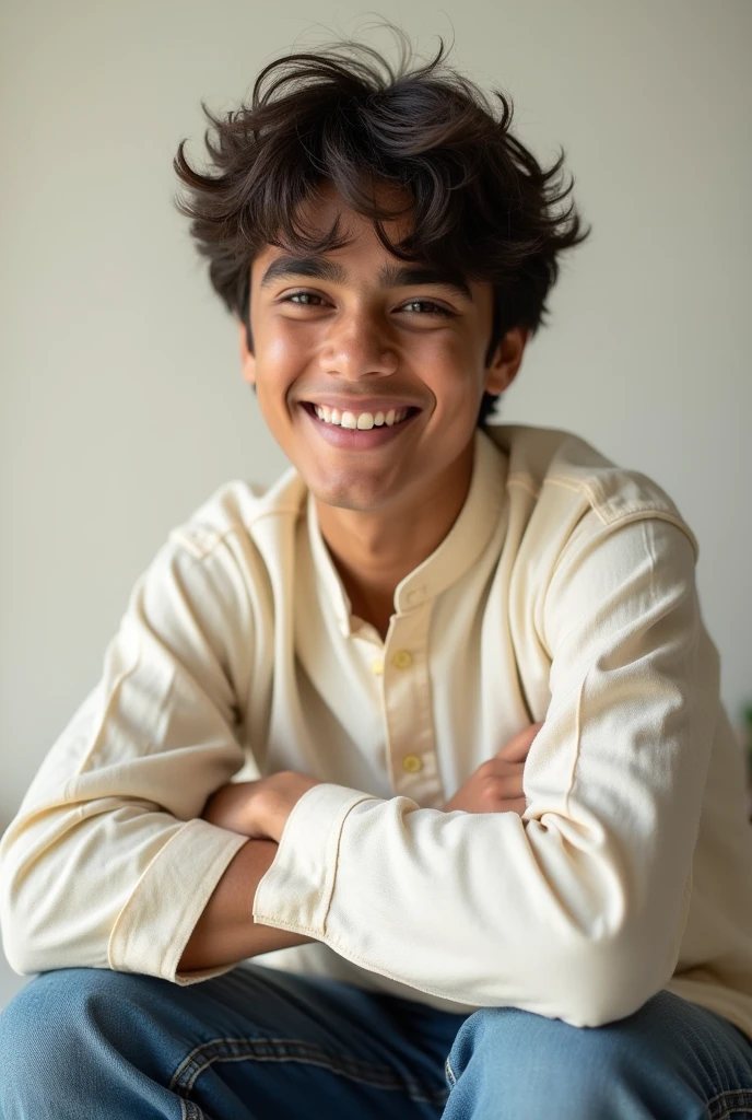 A young Indian male, likely between 18 and 22 years old, with a happy face looking at camera, dressed in casual college attire, possibly a plain white or light-colored kurta paired with worn jeans, sitting or standing in a simple, uncluttered background, with a subtle, warm smile that conveys a sense of approachability, his dark brown eyes cast downward, with a slight squint, as if lost in thought, his hair messy and unkempt, with a few stray strands falling across his forehead, his skin tone a warm, golden brown, with a slight scattering of light acne on his cheekbones, his nose slightly upturned, and his eyebrows thick and expressive, conveying a sense of innocence and freshness.