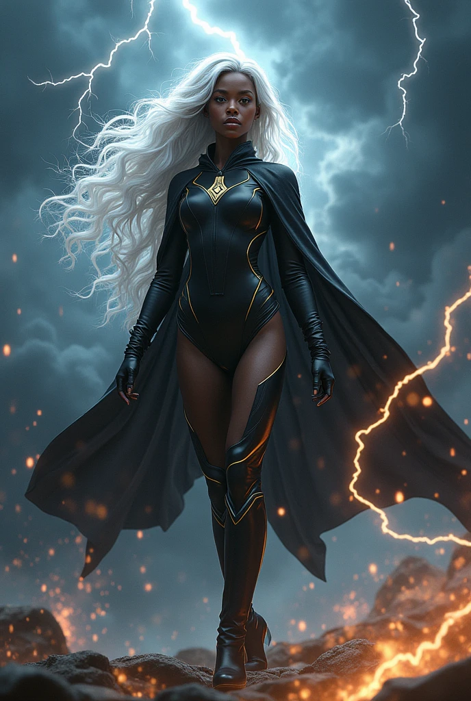 a beautiful black girl with long white hair, wearing a black leotard, gloves and boots, a black cape with yellow and silver lines, manipulating lightning, (best quality,4k,8k,highres,masterpiece:1.2),ultra-detailed,(realistic,photorealistic,photo-realistic:1.37),dramatic lighting,cinematic composition,intricate details,vibrant colors,highly detailed facial features,striking pose,dynamic action
