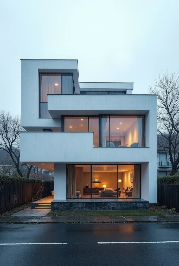 Fotografía RAW tomada con la Nikon D7500 + Cámara NIKKOR AF-S DX, lente de 18 mm, ultra ancho, 8K, calidad superior, hdr, Realismo extremadamente alto, extreme realism, lamp temperature 9,000K, at 7 am, En una mañana muy fría con (((lluvia fuerte y fuerte))) y un (((cielo completamente gris))). En el corazón de una ciudad vibrante,Hyper-realistic image of a modern house designed by Tadao Ando, featuring white concrete architecture with overlapping volumes. Highlight the minimalist design with sleek, clean lines and the interplay of textures in the white concrete. Incorporate large, panoramic windows and a seamless integration with the natural environment. Emphasize the architectural details and the dynamic arrangement of overlapping geometric forms, capturing the serene and sophisticated atmosphere typical of Ando's work.