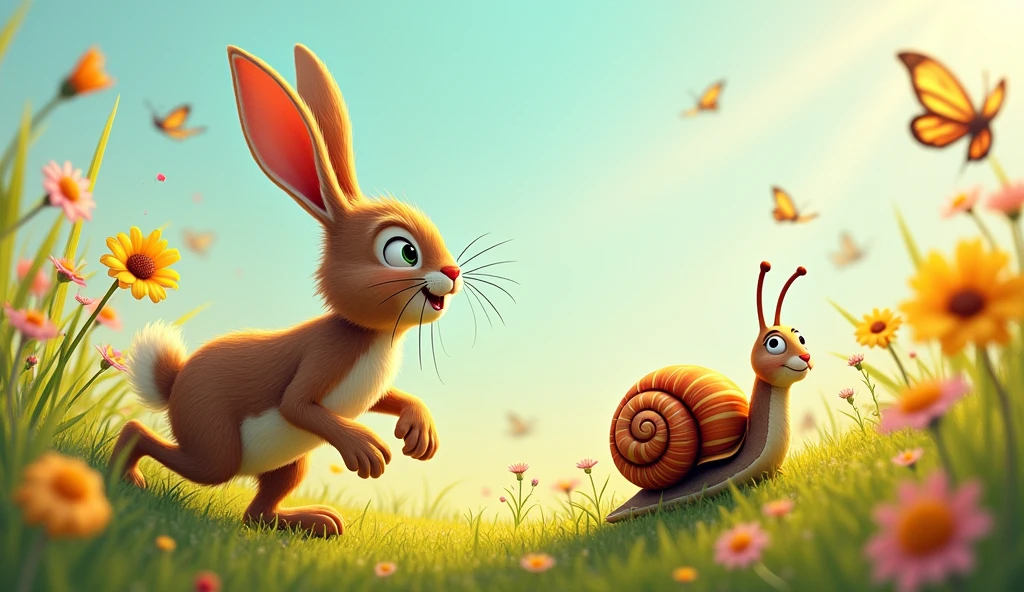 Ricky tje rabbit and sammy the snail start the race..ricky dash quickly and left sammy behind