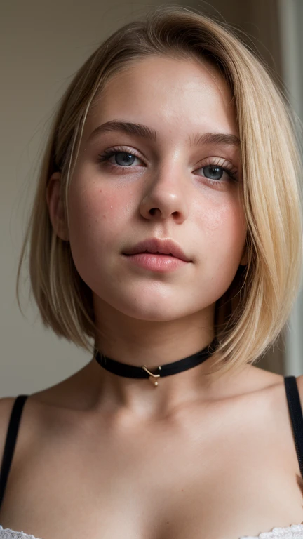High resolution, AW images, Masterpiece, ((Ultra Detail)),(( Beautiful Art, 18 yo blonde teen girl . Full lips. Eyes wide)). ((Very short hair)), well-trained body, sweaty skin, choker, sheer Baby Doll