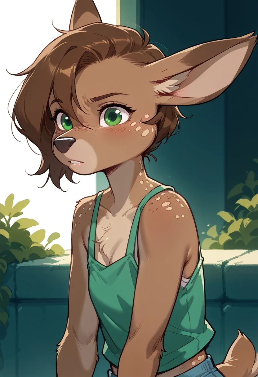 lotte, deer girl, furry female, body fur, animal nose, snout, animal ears, green eyes, brown hair, short hair, freckles,