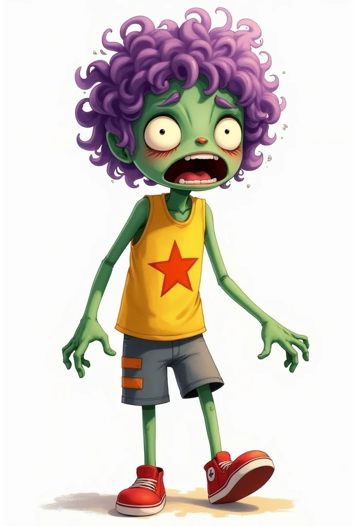(photorealism:1.2), A watercolor artistic style friendly character of a zombie nonbinary with green skin and curly purple hair, wearing a sleeveless yellow shirt with an orange star on the front, gray shorts with orange accents, and red sneakers. The character has an expression of terror and anguish, similar to the figure in Edvard Munch's painting 'The Scream,' with an open mouth and wide eyes. He is in a dynamic and tense pose, as if about to scream or flee. The image is a digital watercolor artwork, with soft details and vibrant colors. The background is simple and minimalistic to keep the focus on the character.