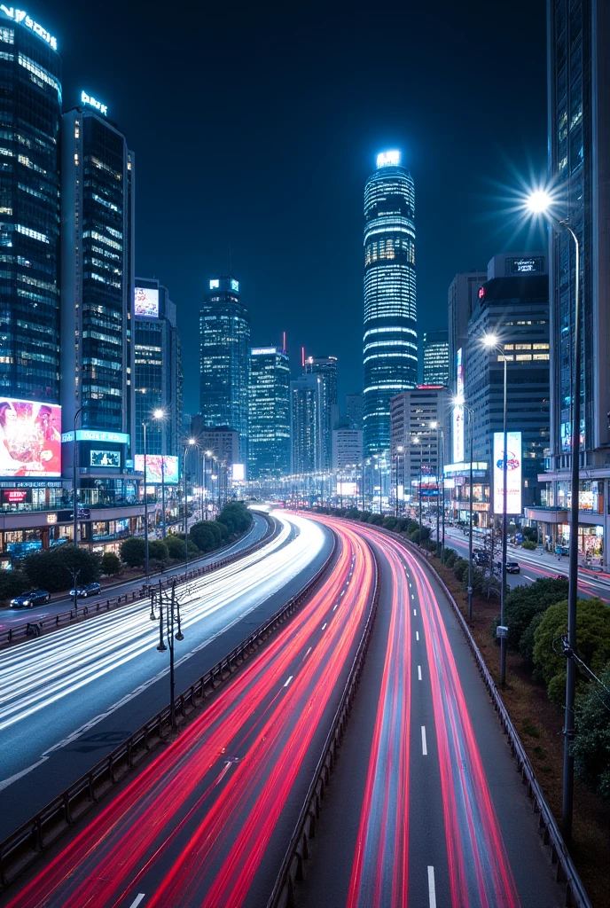The area in front of the station has become urban, with junctions and interchanges、Night view of the metropolitan city of Kakuda on the highway with PA