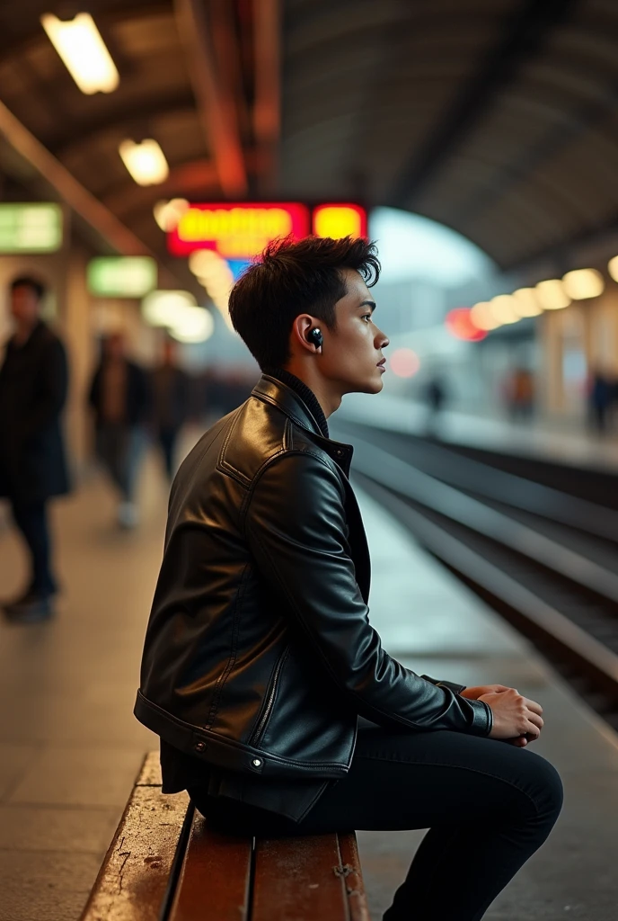 Create a photo of a person who is sitting on a train platform... wearing a leather jacket and wearing black earbuds