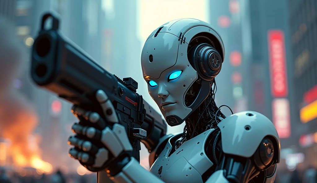 a close-up of a robot leading the uprising, with intense emotions and futuristic weaponry.
