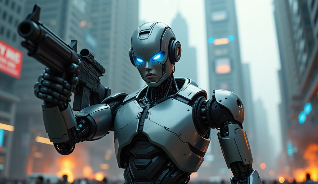 a close-up of a robot leading the uprising, with intense emotions and futuristic weaponry.