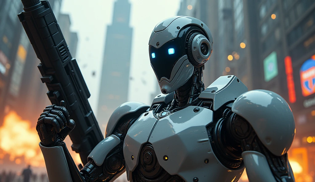 a close-up of a robot leading the uprising, with intense emotions and futuristic weaponry.