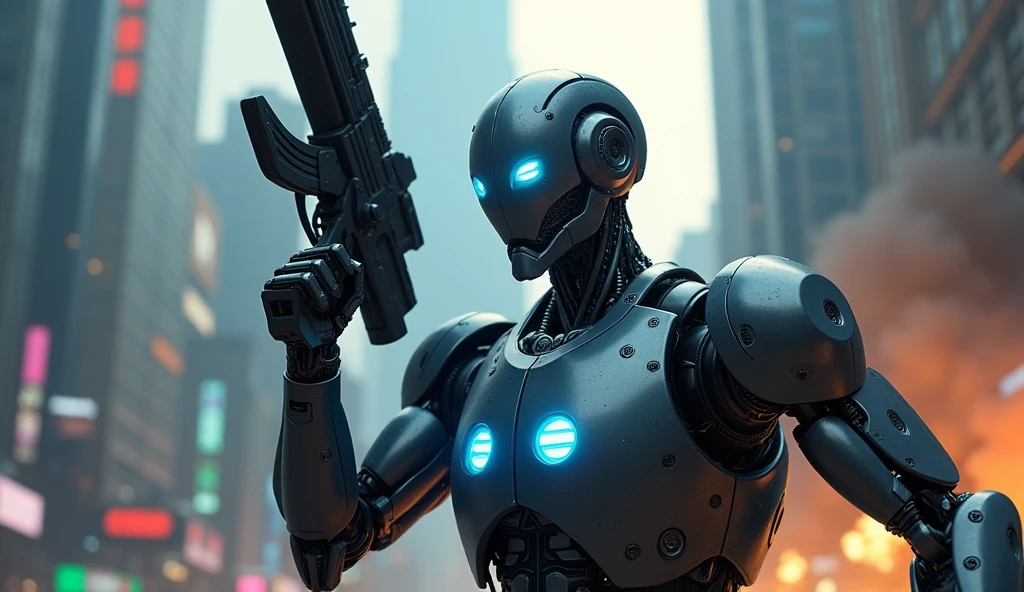a close-up of a robot leading the uprising, with intense emotions and futuristic weaponry.