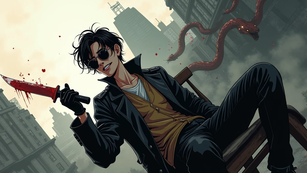 ((illustration)), (best quality)), ((masterpiece)), (detailed), teenager, 1male, black hair, jacket, black gloves, coat, sunglasses, leather, solo, anime, city, night, flat color, demons, snakes, monsters, chair, holding knife, glowing eyes, smoke, bloody, blood on clothes, blood on face, crazy smile, war, chaos, cinematic, epic, comic,