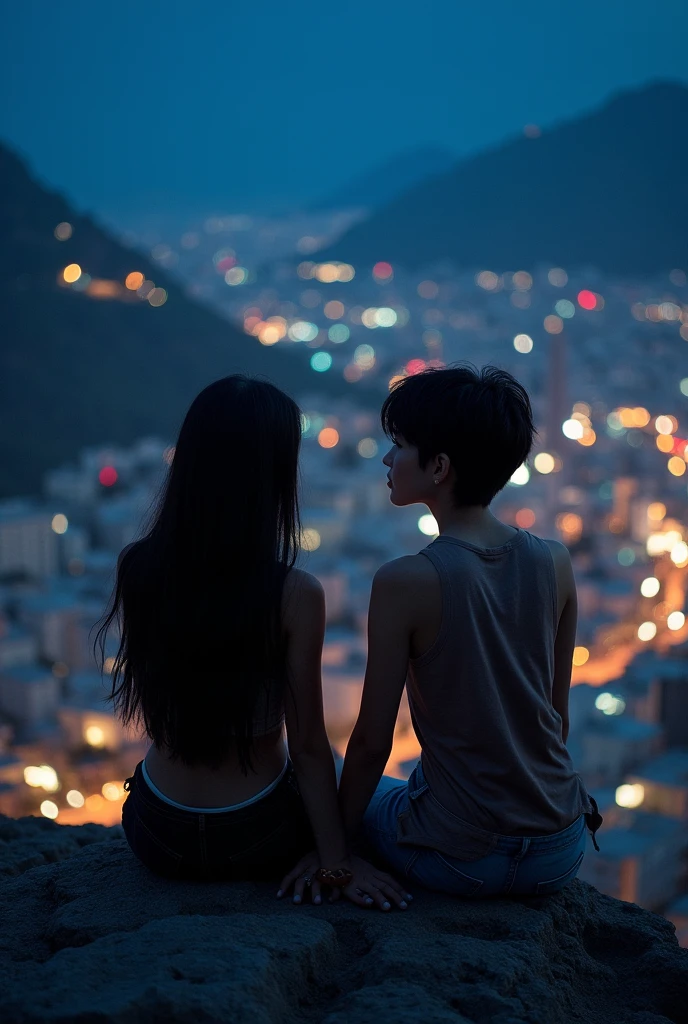 A couple of girls, a dark brunette latina, with straight black hair, and the other girl is white with black hair with a man's haircut with manly features, hand holding, being in love, sitting watching the lights of a city at night from a mountain