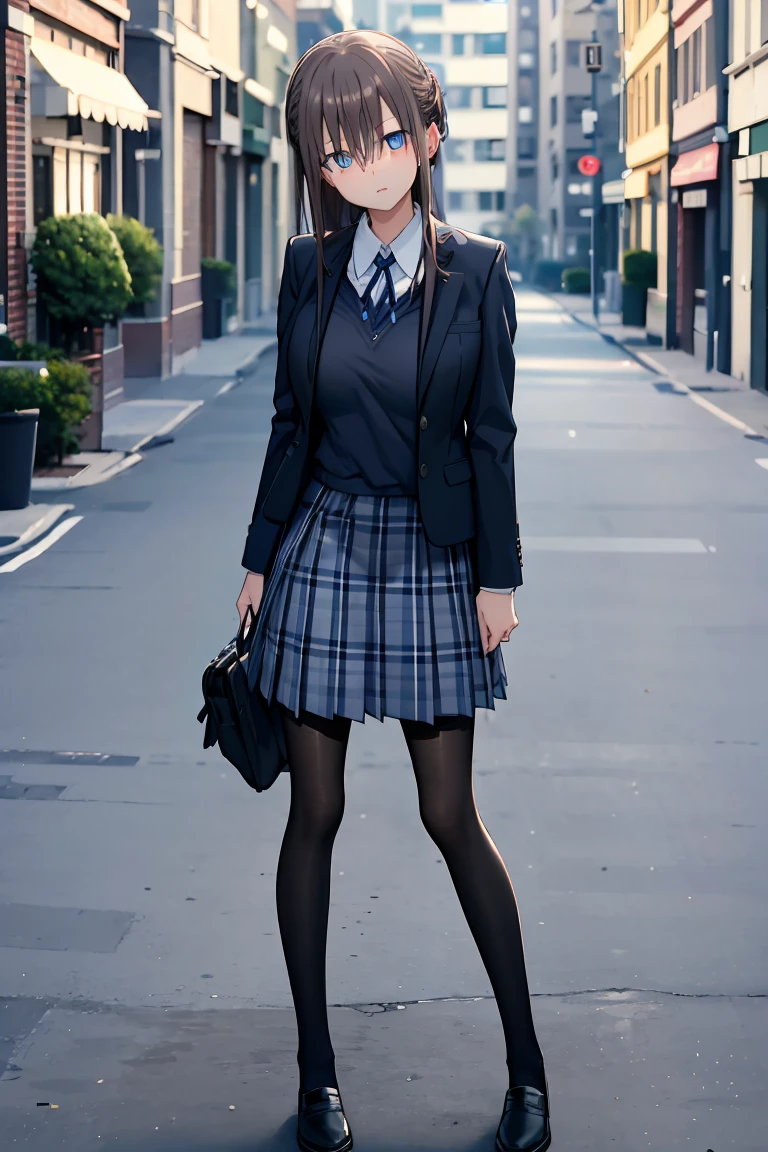 (detailed, High resolution, Highest quality,anime style),(masterpiece:1.2), (best quality:1.23),(full body:1.2),maegamichan, (Blue eyes), brown hair, hair over eyes, short hair,(big breast),blazer, jacket, pantyhose, plaid, plaid skirt, pleated skirt, school uniform, skirt, thighhighs, uniform, Vest
