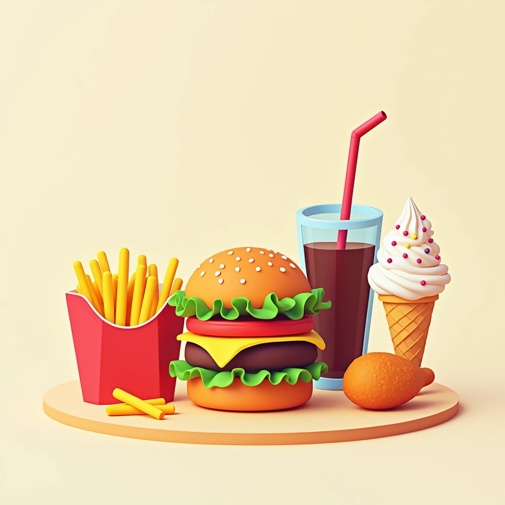 modern style,Flat设计,a fast food shop,Hamburger,fries,Cola,Ice cream,Fried chicken,Minimalist style,Non-realistic style,Flat,flat style
