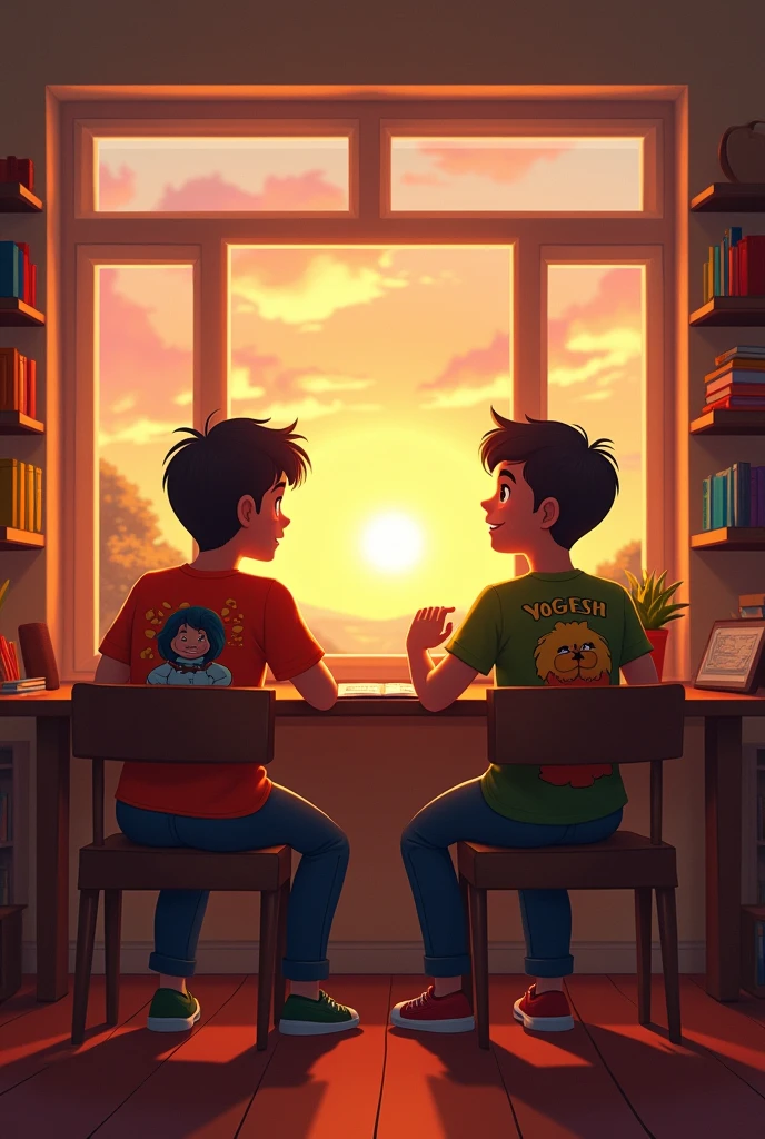 1 friends siting on the study room  enjoying the view of sunset, boy name "YOGESH" written on the t shirt 2d cartoon behind the cartoon best friend