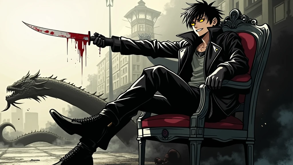 ((illustration)), (best quality)), ((masterpiece)), (detailed), teenager, 1male, black hair, jacket, black gloves, coat, sunglasses, leather, solo, anime, city, night, flat color, demons, snakes, monsters, chair, holding knife, glowing eyes, smoke, bloody, blood on clothes, blood on face, crazy smile, war, chaos, cinematic, epic, comic
