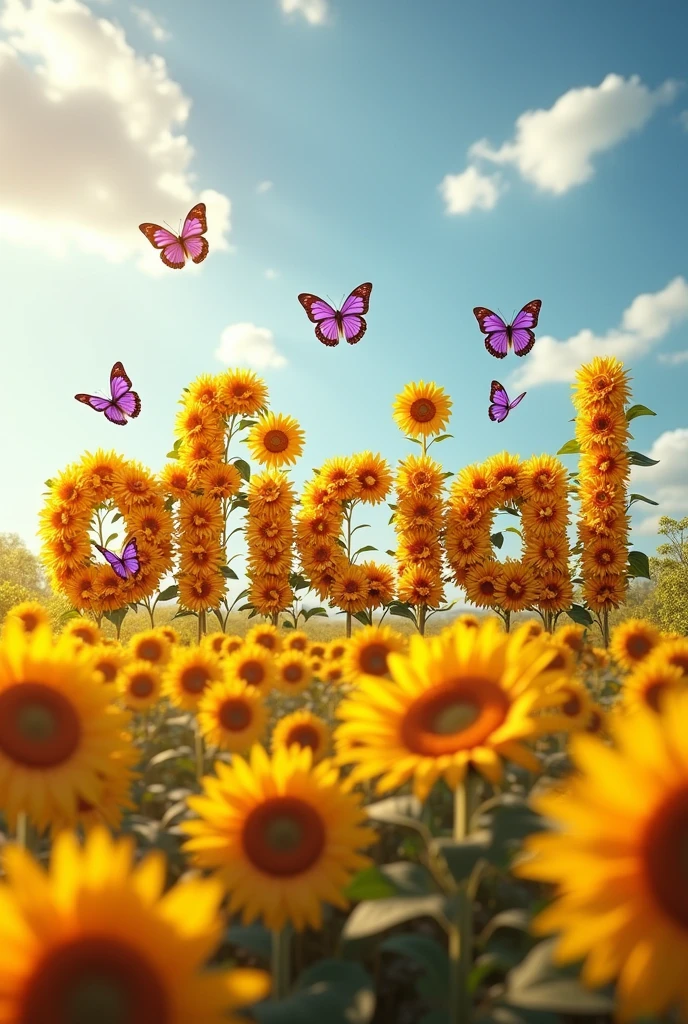 You can create an image of the word "officer" It is Spanish that has sunflowers in the letters and purple butterflies?, that looks very nice